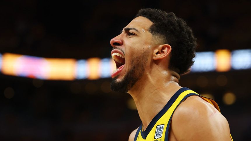 Tyrese Haliburton of the Indiana Pacers celebrates during the fourth quarter against the New York Knicks in Game Six of the Eastern Conference Finals.