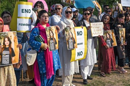 Activists holding posters of murdered TikTok influencer Sana Yousaf take part in a demonstration condemning violence against women, in Islamabad on June 5, 2025.