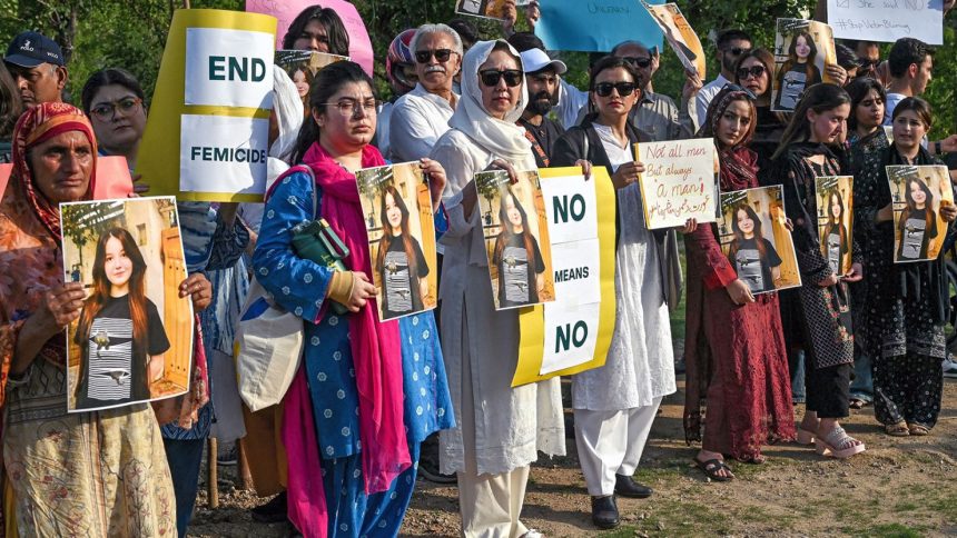 Activists holding posters of murdered TikTok influencer Sana Yousaf take part in a demonstration condemning violence against women, in Islamabad on June 5, 2025.