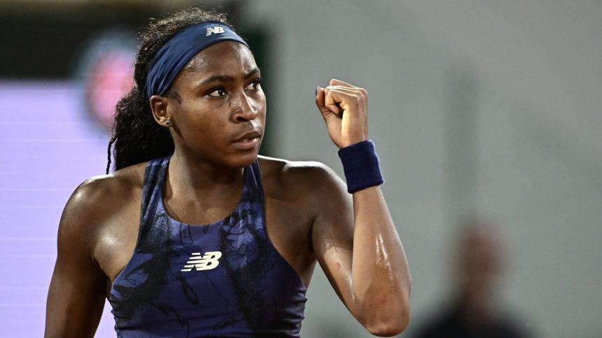 American Coco Gauff reacts after a point during her women's singles semifinal match against France's Lois Boisson.