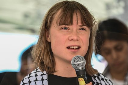 Greta Thunberg speaking at the press conference. Greta is part of the crew of the ship Madleen, headed to Gaza to deliver humanitarian aid on June 1, 2025 in Catania, Italy.