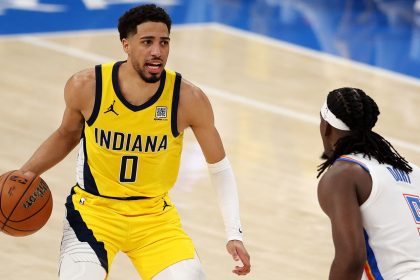Tyrese Haliburton #0 of the Indiana Pacers is defended by Luguentz Dort #5 of the Oklahoma City Thunder during the second quarter in Game One of the 2025 NBA Finals.