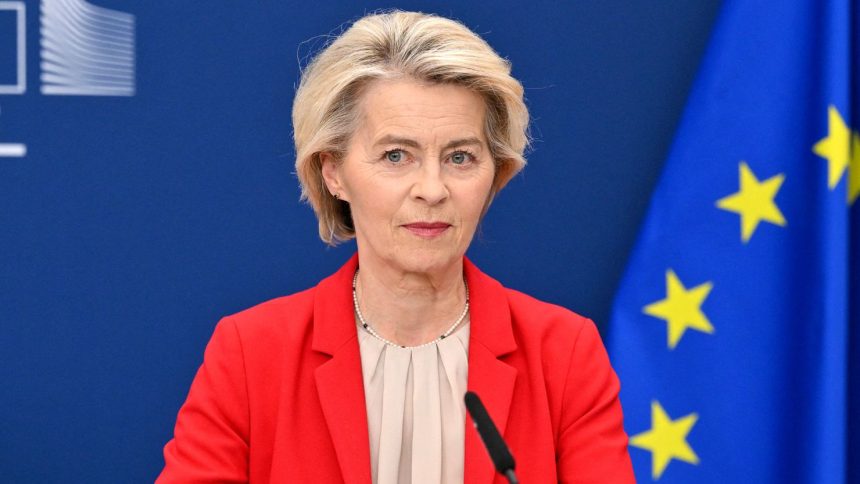 European Commission President Ursula von der Leyen announces a new package of sanctions against Russia at the EU headquarters in Brussels on June 10, 2025.
