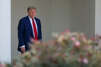 President Donald Trump walks out of the Oval Office and views the Rose Garden construction before boarding Marine One on the South Lawn of the White House on June 20, 2025 in Washington, DC. Trump is traveling to Bedminster, New Jersey.