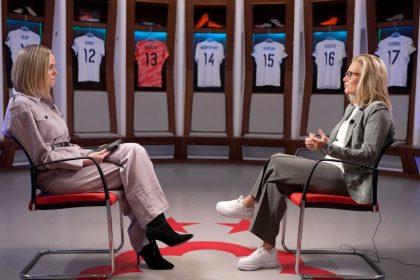England manager Sarina Wiegman, right, talks with CNN Sport's Amanda Davies.