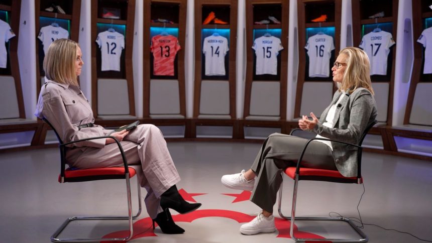 England manager Sarina Wiegman, right, talks with CNN Sport's Amanda Davies.