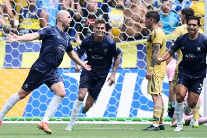 Christian Gray #4 of Auckland City FC celebrates the team's first goal during the FIFA Club World Cup 2025 group C match between Auckland City FC and CA Boca Juniors at GEODIS Park on June 24, 2025 in Nashville, Tennessee.